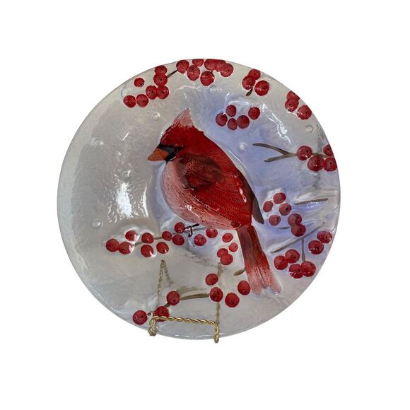 Christmas Red Cardinal & Winter Holly Berries Fused Art Decorative Bowl 13" x 2” - Picture 6 of 9